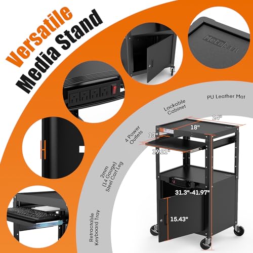 Steel Large AV Cart with Extra Storage - Adjustable Height Cart with Locking Cabinet, Pullout Tray, Power Strip, and Cord Management - Holds 300 lbs and Easy to Assemble (24'' x 18'' x 42'') - style: AV Cart with Storage(M-AV-G)