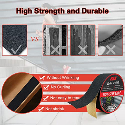 S&X Anti Slip Tape 2in x 60ft Grip Tape for Stairs & Floors, Black - size: 2 inches x 60 feet