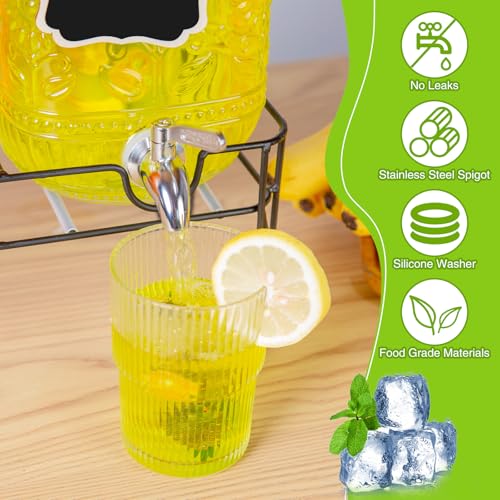2-Pack1Gallon Glass Drink Dispensers for Parties,Beverage Dispenser with Stainless Steel Leakproof Spigot/Stand/Bamboo Lids/Fruit Infuser/Chalkboard Labels.for Lemonade & Iced Tea,Party Drinks