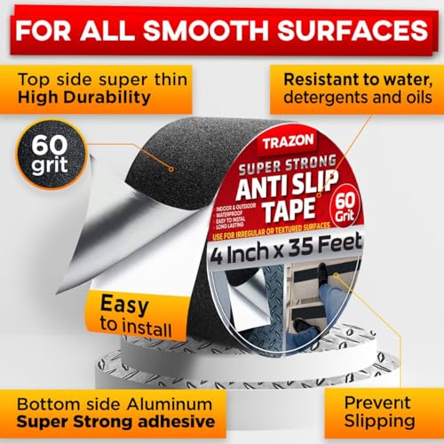 Trazon Grip Tape - Heavy Duty Anti Slip Tape with Aggresive Adhesion for Irregular or Textured Surfaces Outdoor/Indoor Waterproof 4Inch x 35Ft Safety Non Skid Roll - color: Black with Aggresive Addhesion, size: 4 Inch x 35 Feet