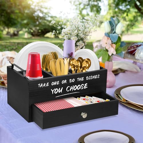 Paper Plate Dispenser with Drawer for Kitchen Countertop, Wooden Paper Plate Holder with Large Cup Holder, Rustic Wood Silverware Caddy Holder, Paper Plate Organizer Kitchen Accessories(Black-Drawer) - color: Black-Drawer