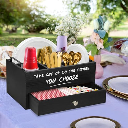 Paper Plate Dispenser with Drawer for Kitchen Countertop, Wooden Paper Plate Holder with Large Cup Holder, Rustic Wood Silverware Caddy Holder, Paper Plate Organizer Kitchen Accessories(Black-Drawer) - color: Black-Drawer