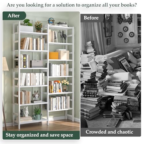 Homykic 72.5” Tall Bamboo Bookshelf White, 6-Tier Double Wide Open Bookcase - color: White, size: Double Wide