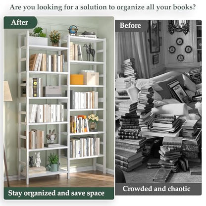 Homykic 72.5” Tall Bamboo Bookshelf White, 6-Tier Double Wide Open Bookcase - color: White, size: Double Wide