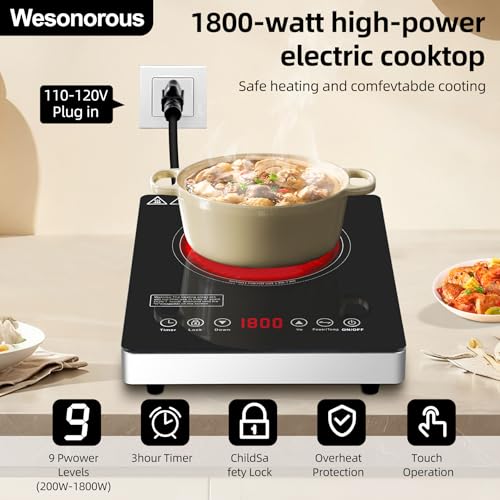 Single Burner Electric Cooktop,110V 1800W Electric Stove Top with LED Touch Control,9 Power Levels, 3 hTimer, Safety Lock, portable cooktop Overheat protection - size: Single Burner Electric Cooktop