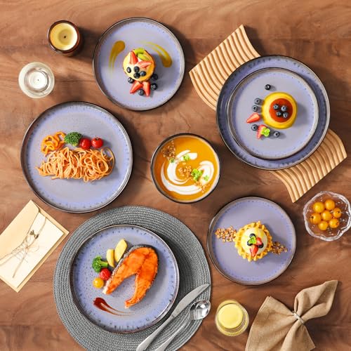 vancasso Plates and Bowls Sets, 24 Pieces Stoneware Dinnerware Sets for 8, Kitchen Dish Set Mircowave and Dishwasher Safe Ceramic Dishware, Purple, Series AMBER - color: Light Purple