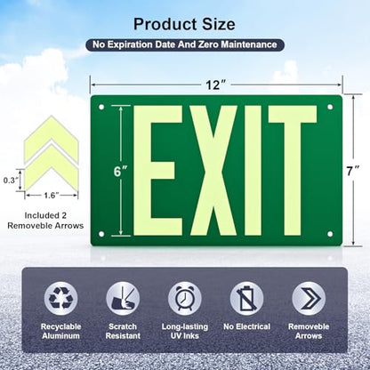 Photoluminescent Exit Sign Aluminum - Adhesive Backing Glow In The Dark - Removable Arrows Included - Pre-drilled Holes - 12x7 Inches - Non Electrical Green Exit Light For 50 Feet Visibility (2 Pack) - color: Green 2 PCS With Pre-drilled Holes