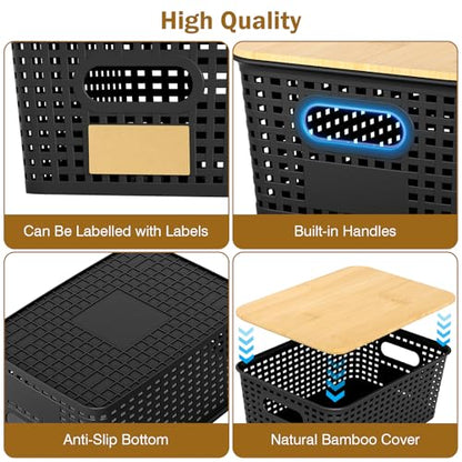 Stackable Storage Baskets: 8 Pack Plastic Baskets Bins, Black - color: Black