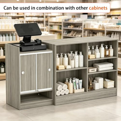 24" W x 18" D x 38" H - Gray Retail Cash Register Stand Cash Wrap Checkout Desk Portable Counter Podium Stand with Glass Shelving Case for Retail Store, Meetings Reception - color: Gray