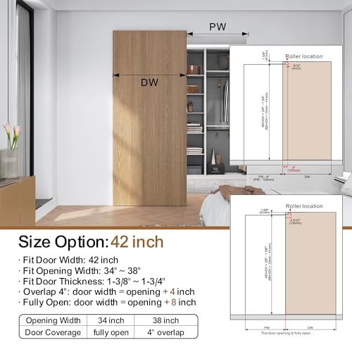 Sdstone 42” Concealed Barn Door Hardware Kit with Soft Close Mechanism,Hidden Ghost Barn Door Hardware Kit for Door Opening Width 34" to 38", Wall Mount Aluminum Track (Door not Included) - size: 42IN