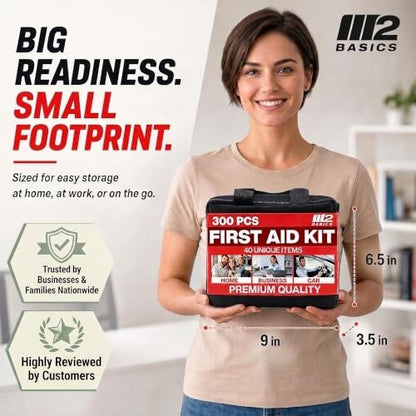 M2 BASICS 300 Piece First Aid Kit w/Durable Bag for Home, Business, Office