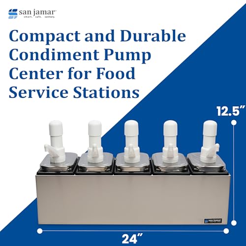 San Jamar P9715 Stainless Steel Condiment Pump Service Center with 5 Wells Black Jars, 24" Length x 7-7/8" Width x 12-1/2" Height - style: 5 Pumps