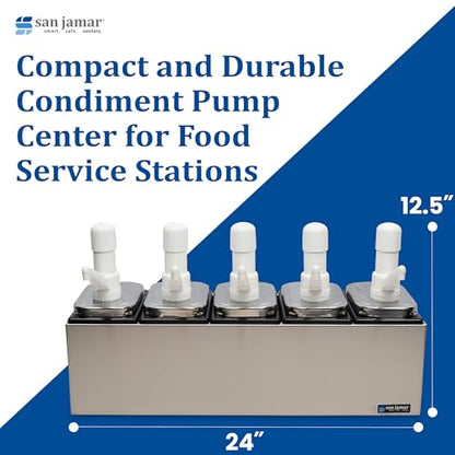 San Jamar P9715 Stainless Steel Condiment Pump Service Center with 5 Wells Black Jars, 24" Length x 7-7/8" Width x 12-1/2" Height - style: 5 Pumps