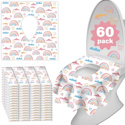 60 Pack Toilet Seat Covers Disposable, Extra Large Waterproof Toilet Cover for Toddlers & Adults, Individually Wrapped Travel Essential Portable Potty Training in Public Restrooms, Trip - Rainbow - color: Rainbow
