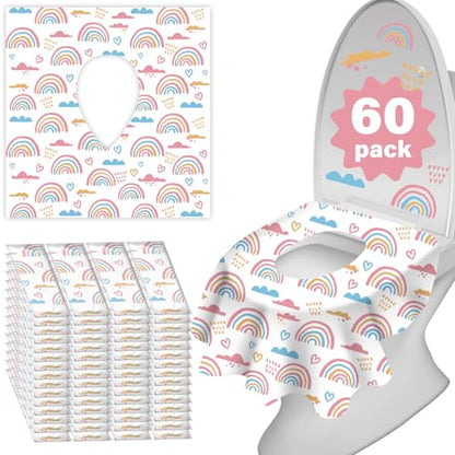 60 Pack Toilet Seat Covers Disposable, Extra Large Waterproof Toilet Cover for Toddlers & Adults, Individually Wrapped Travel Essential Portable Potty Training in Public Restrooms, Trip - Rainbow - color: Rainbow