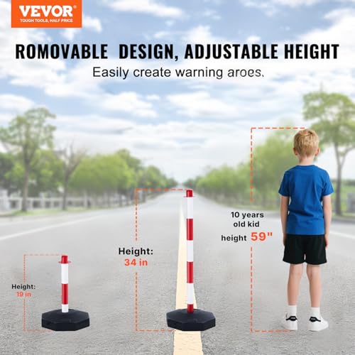 VEVOR Adjustable Traffic Delineator Post Cones, 6 Pack, Traffic Safety Delineator Barrier with Fillable Base 6.6FT Chain, for Traffic Control Warning Parking Lot Construction Caution Roads, Red&White - color: Red & White, size: 6 Pack