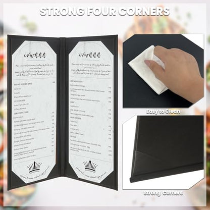 4.25'' x 11'' Menu Covers 6 Pack Black PU Leather Menu Holders Book Style with Angled Corners Double View Menu Sleeves Easy-Insert Design Waterproof for Bar Cafe Restaurant Menu Covers - size: 2 View, 6 Pack