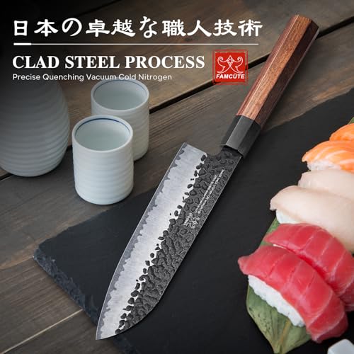 FAMCÜTE 7" Santoku Knife, Hand Forged Sharp Chopping Knife for Easy Cutting - size: 7"