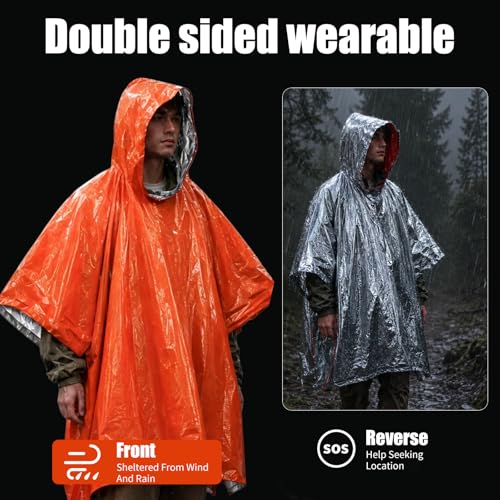 Emergency Mylar Poncho – Survival Rain Poncho with Hood – Lightweight, Compact, Reusable Emergency Blanket Poncho for Hiking, Camping, Thermal Gear, Car Kit, Outdoors