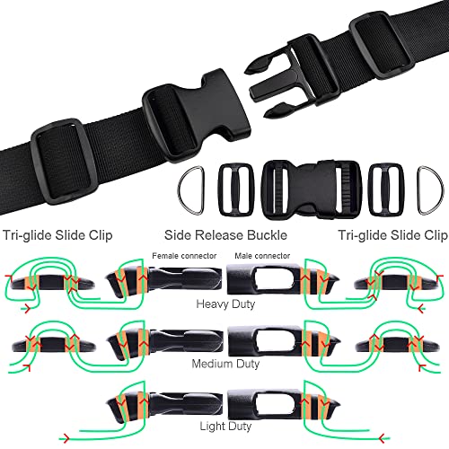 CooBigo 1 Inch Buckles Straps Set 6 Yards Black Nylon Webbing Strap 6 Pcs Quick Side Release Plastic Buckle Dual Adjustable 12pcs Tri-glide Slide Clip 12 Pcs Metal D Rings - color: 1"sets