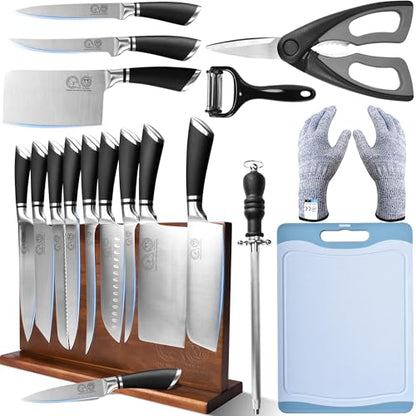 XYJ 13-Piece Chef Knife Set with Magnetic Knife Block, Kitchen Tools - color: Half Black, size: 16 in 1 with block