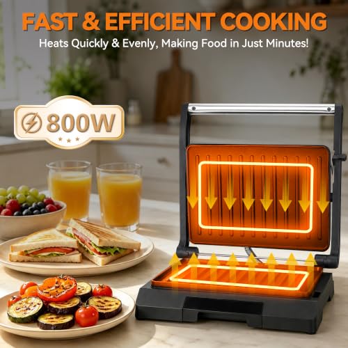 Baker's Friend 2 Slices of Mini Panini Press Electric Grill, Panini Grill Press Sandwich Maker Press, Sandwichera Electrical for Pancakes & Eggs, Oil Tray, Non Stick Surfaces, Stainless Steel