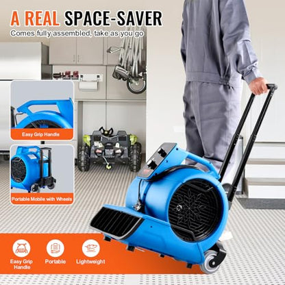 VEVOR Air Mover, 1 HP 4000 CFM Carpet Dryer for Cooling and Ventilating, Portable Floor Blower Fan with 3 Blowing Angles and Time Function, for Janitorial, Home, Commercial Use - size: 4000 CFM (1 HP)