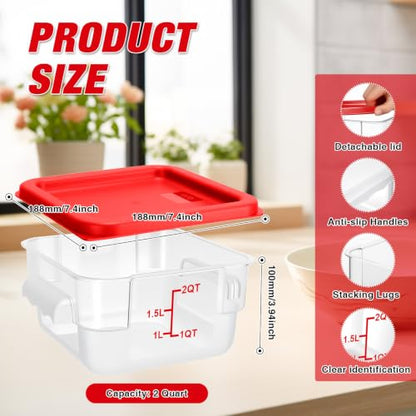 Square Storage Container with Lid, Commercial Box with Measurement Marks & Handle, for Baking, Dough Proofing, Meat Brining, Kitchen Tool (Red, 2QT-4PACK) - size: 2QT-4PACK