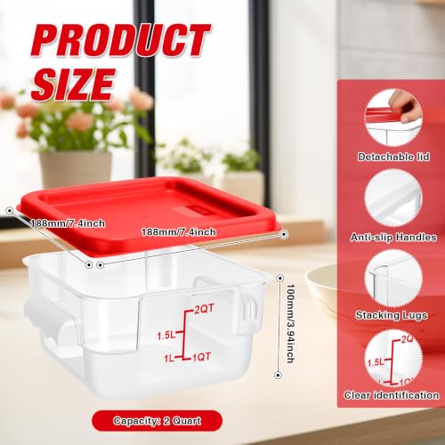 Square Storage Container with Lid, Commercial Box with Measurement Marks & Handle, for Baking, Dough Proofing, Meat Brining, Kitchen Tool (Red, 2QT-4PACK) - size: 2QT-4PACK