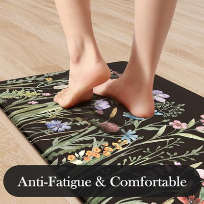 KIMODE Kitchen Mats Cushioned Anti Fatigue, Black Farmhouse Kitchen Rugs - color: Floral/Black, size: 59"L x 17.3"W x 0.47"Th + 29"L x 17.3"W x 0.47"Th
