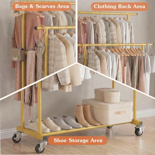Calmootey Rolling Garment Rack, Sturdy Clothes Organizer for Bedroom - color: Gold, style: Double Rods