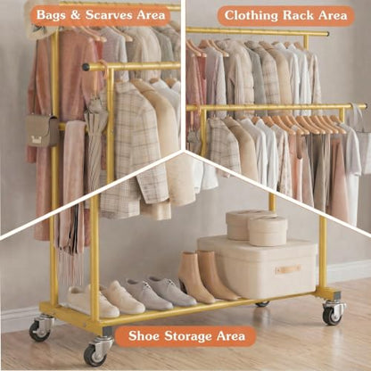 Calmootey Rolling Garment Rack, Sturdy Clothes Organizer for Bedroom - color: Gold, style: Double Rods