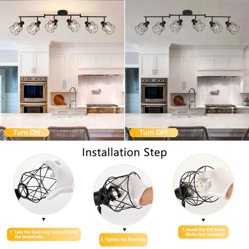 WILON Track Lighting Kit 6 Way Ceiling Spotlight-Industrial Flush Mount Ceiling Light Black Kitchen Ceiling Light Fixtures Kitchen Track Lighting Flexibly Rotatable Light Head E26 Base - color: Black, size: 6-Light-Cage