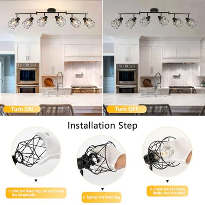 WILON Track Lighting Kit 6 Way Ceiling Spotlight-Industrial Flush Mount Ceiling Light Black Kitchen Ceiling Light Fixtures Kitchen Track Lighting Flexibly Rotatable Light Head E26 Base - color: Black, size: 6-Light-Cage