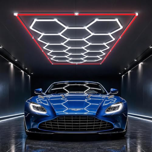 HYPERLITE Gen II Hexagon Garage Lights: 15 Grids with Border DIY Hexagon Led Lights, 6500K Ultra Bright, Easy Install Hex Light, Durable Design for Garage, Car Detailing, Workshops, Gym(Red) - size: 15 HEX+Border(Red)