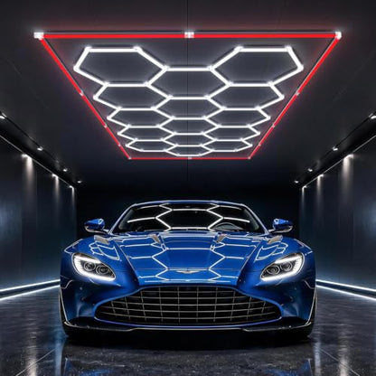 HYPERLITE Gen II Hexagon Garage Lights: 15 Grids with Border DIY Hexagon Led Lights, 6500K Ultra Bright, Easy Install Hex Light, Durable Design for Garage, Car Detailing, Workshops, Gym(Red) - size: 15 HEX+Border(Red)