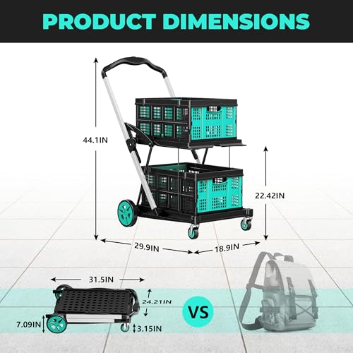 8-in-1 Max 200LBS Collapsible Shopping Cart on Wheels with 2 Storage Crates, Portable Foldable Shopping Cart with Foot Brake for Picnic, Supermarket, Office, Blue-2026 Upgraded - color: Blue