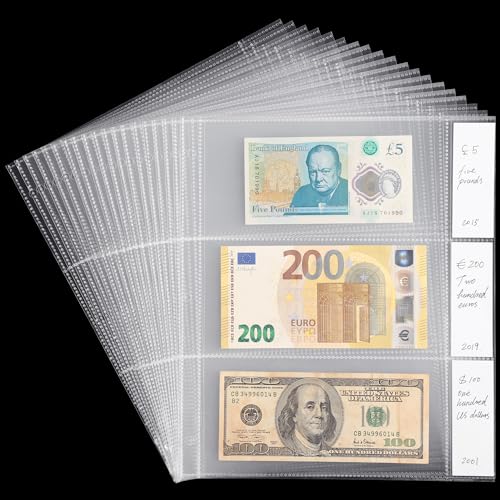 20 Sheets Currency Sleeves 60 Pockets with Labels for 3-Ring Binder - size: 20 Sheets/60 Pockets