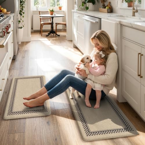 KIMODE Kitchen Mats Cushioned Anti Fatigue, Jute Geometric Kitchen Rugs Set - color: Jute, size: 17.3" x 47"+17.3" x 29"--0.47 inches