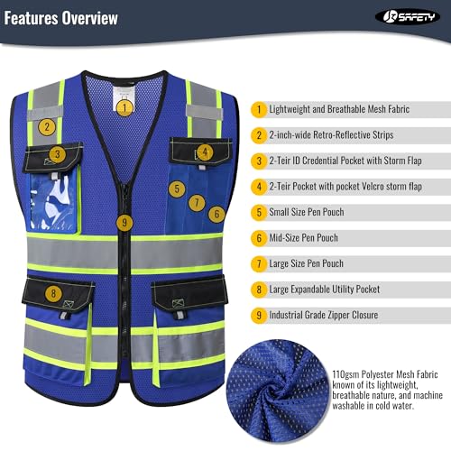 JKSafety Safety Vest for Men Women Hi Vis Reflective Vest JK220 Blue 4XL - color: Blue, size: 4X-Large
