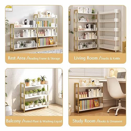 OSCHF Wide Open Shelf Bookcase, 3-Tier, White with Gold Frame - color: Gold + White, size: 3-Tier