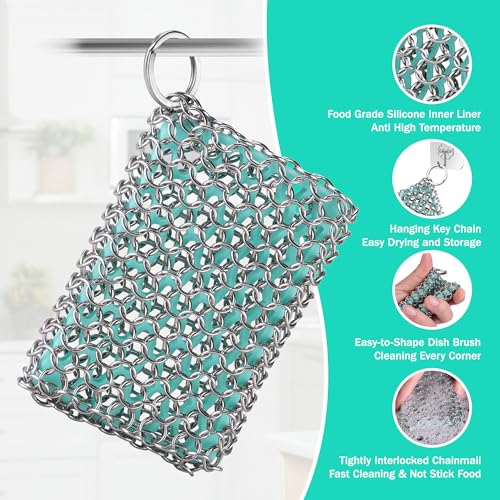 HAUSHOF Cast Iron Scrubber, Chainmail Scrubber Cast Iron Cleaner - color: Seafoam Green