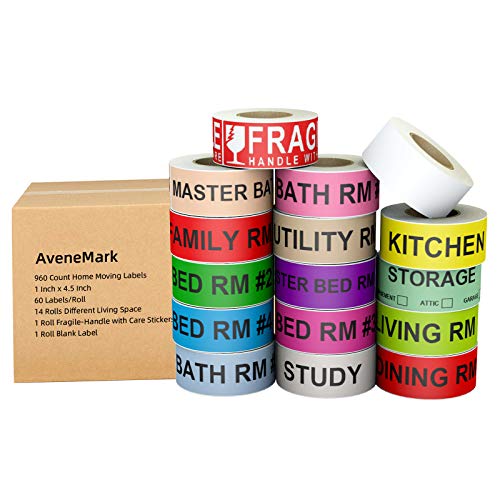 AveneMark 960 Count Home Moving Color-Coded Labels - 16 Rolls House Fragile Stickers, 4 Bedroom Blank Packing Labels for Box Supplies, 60 Labels per Roll, 1" x 4.5"