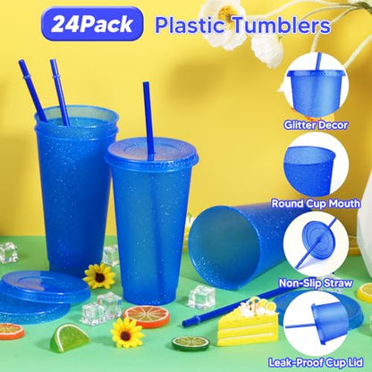 24 Pack Plastic Tumblers with Lids and Straws, Reusable Colorful Cups for Parties, Birthdays, Iced Coffee, Travel, Cold Drink Bulk Tumblers (24 oz, Dark Blue) - color: Dark Blue-24pcs