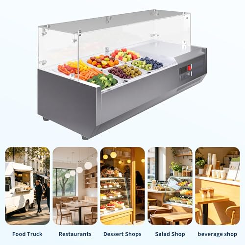 Refrigerated Condiment Prep Station, 130W Countertop Refrigerated Condiment Station, with One 1/3 & Four 1/6 Pans, 304 Stainless Body and PC Lid, Sandwich Prep Table with Glass Guard, ETL Certified - size: E40TW