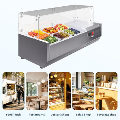 Refrigerated Condiment Prep Station, 130W Countertop Refrigerated Condiment Station, with One 1/3 & Four 1/6 Pans, 304 Stainless Body and PC Lid, Sandwich Prep Table with Glass Guard, ETL Certified - size: E40TW