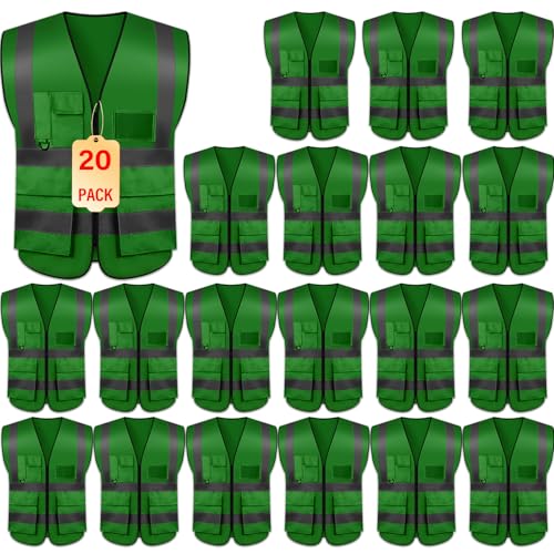 Safety Vests 20 Pack,Hi Vis Construction Vest with 5 Pockets and Zipper,Reflective Vest for Men Women Work One Size - color: Grass Green