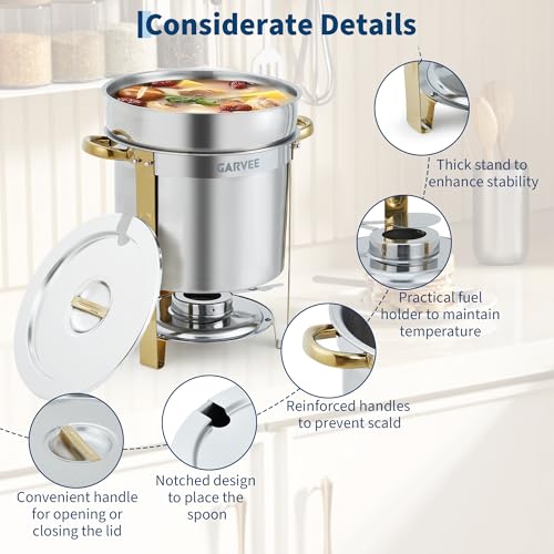 GarveeHome 11QT Round Soup Chafer Sets of 2, Commercial Soup Warmer with Pot, Notched Lids & Fuel Holders, Stainless Steel Food Warmer for Buffets Parties Wedding Banquets Catering, Gold - color: Gold, size: 11QT-2 Pcs