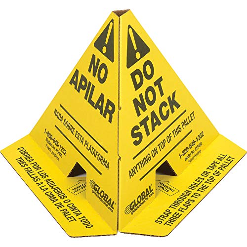Global Industrial Trilingual "Do Not Stack" Printed Pallet Cones, 8"W x 8"L x 10"H, Corrugated Cardboard Construction, Yellow, 50/Pk, Prevents Double Stacking, Ships Flat