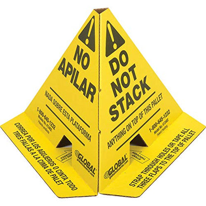 Global Industrial Trilingual "Do Not Stack" Printed Pallet Cones, 8"W x 8"L x 10"H, Corrugated Cardboard Construction, Yellow, 50/Pk, Prevents Double Stacking, Ships Flat